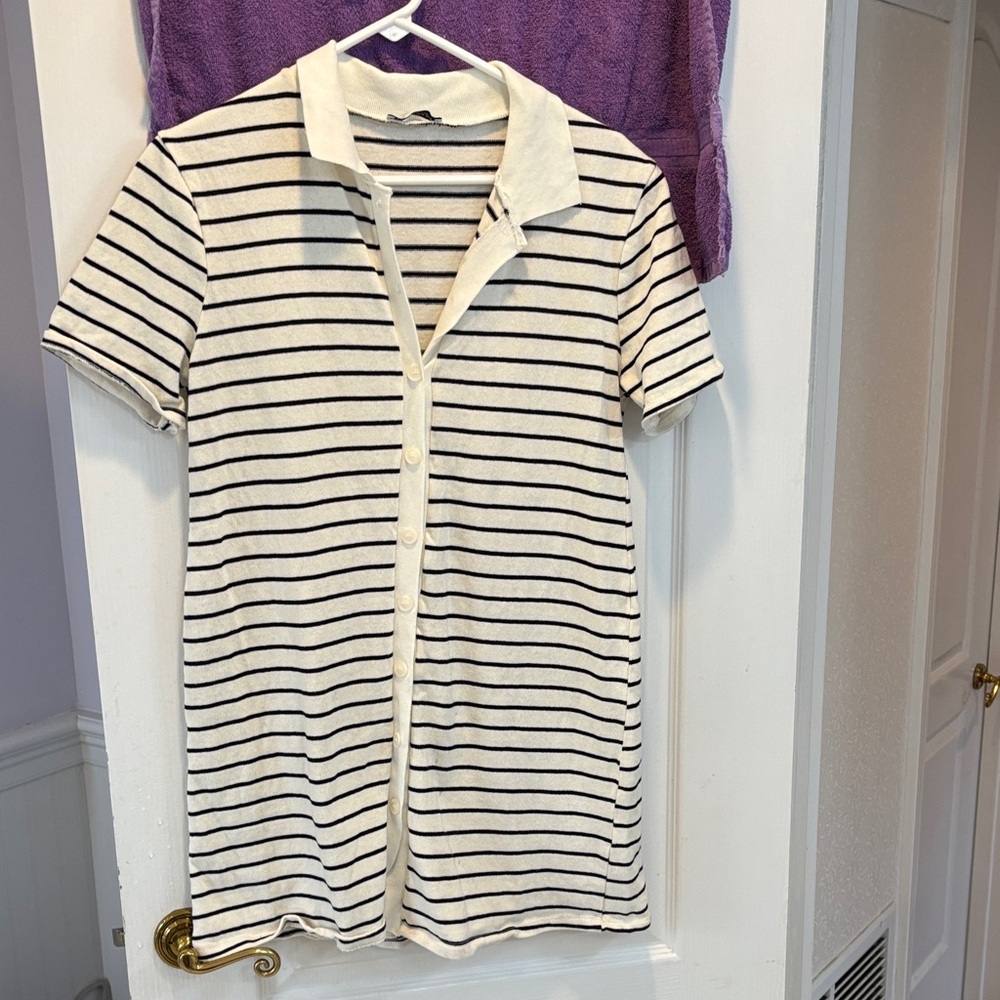 Zara Cream Polo-Style Striped Dress with Black Stripes